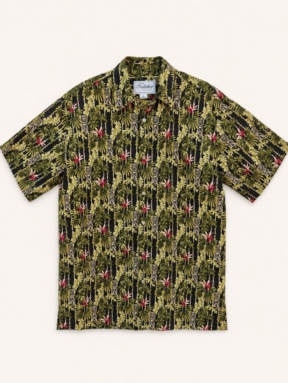 Kalaheo Hawaiian Dark Tropical Floral/Tiki Design Shirt - L